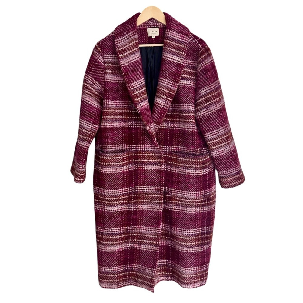 Sézane Joe Shawl Wool Blend Coat in Burgundy and Pink Tartan Sz 38 US 6 - Picture 3 of 10